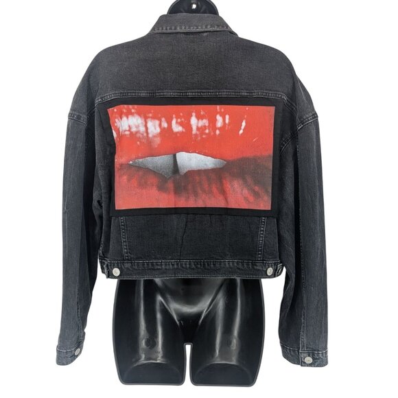 Hudson Oversized Denim Jacket Size XS Cropped Lips Patch Y2K Grunge Distressed - Picture 1 of 12